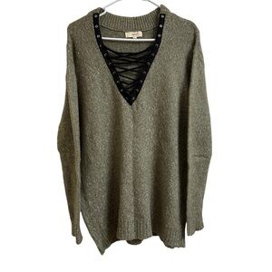 Entro Women Size L Green Lace Up V Neck Long Sleeve Sweater Goblincore Goth Punk